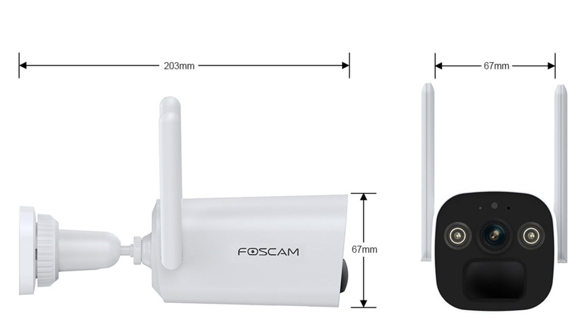 Witte Foscam BP4 draadloze 4MP beveiligingscamera met afmetingen en zijaanzicht.