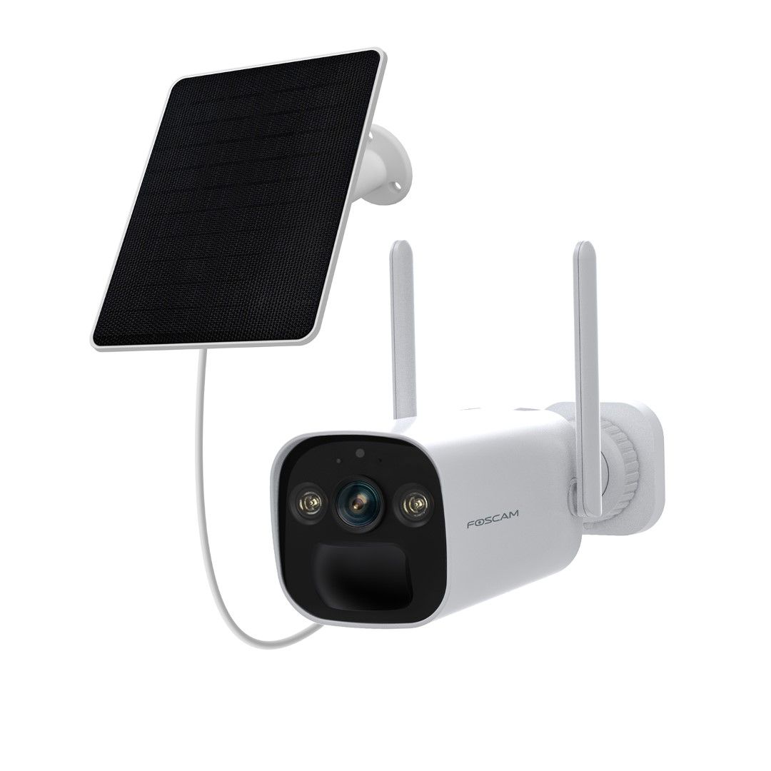 Witte Foscam BP4 draadloze 4MP beveiligingscamera met zonnepaneel, dubbele antennes en spotlight voor nachtzicht.