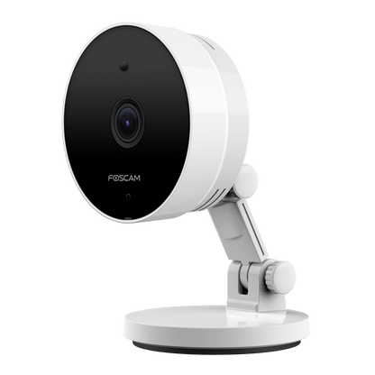 Witte Foscam C5M 5MP QHD binnencamera met ronde zwarte lens en verstelbare voet voor slimme huisbeveiliging.