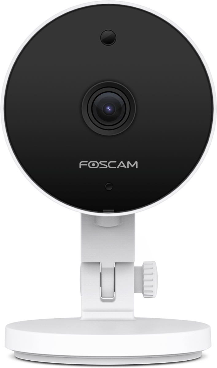 Witte Foscam C5M 5MP binnencamera met ronde zwarte lensmodule en verstelbare voet voor slimme huisbeveiliging.