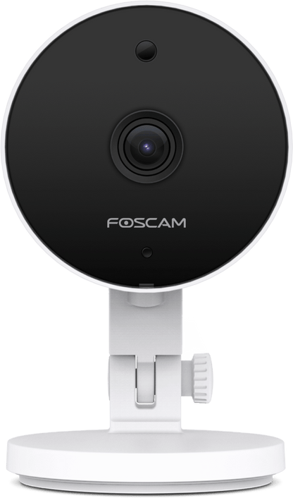 Witte Foscam C5M 5MP binnencamera met ronde zwarte lensmodule en verstelbare voet voor slimme huisbeveiliging.