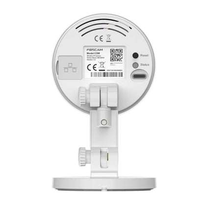 Achterkant van de witte Foscam C5M binnencamera met verstelbare voet, resetknop en productinformatie-sticker.