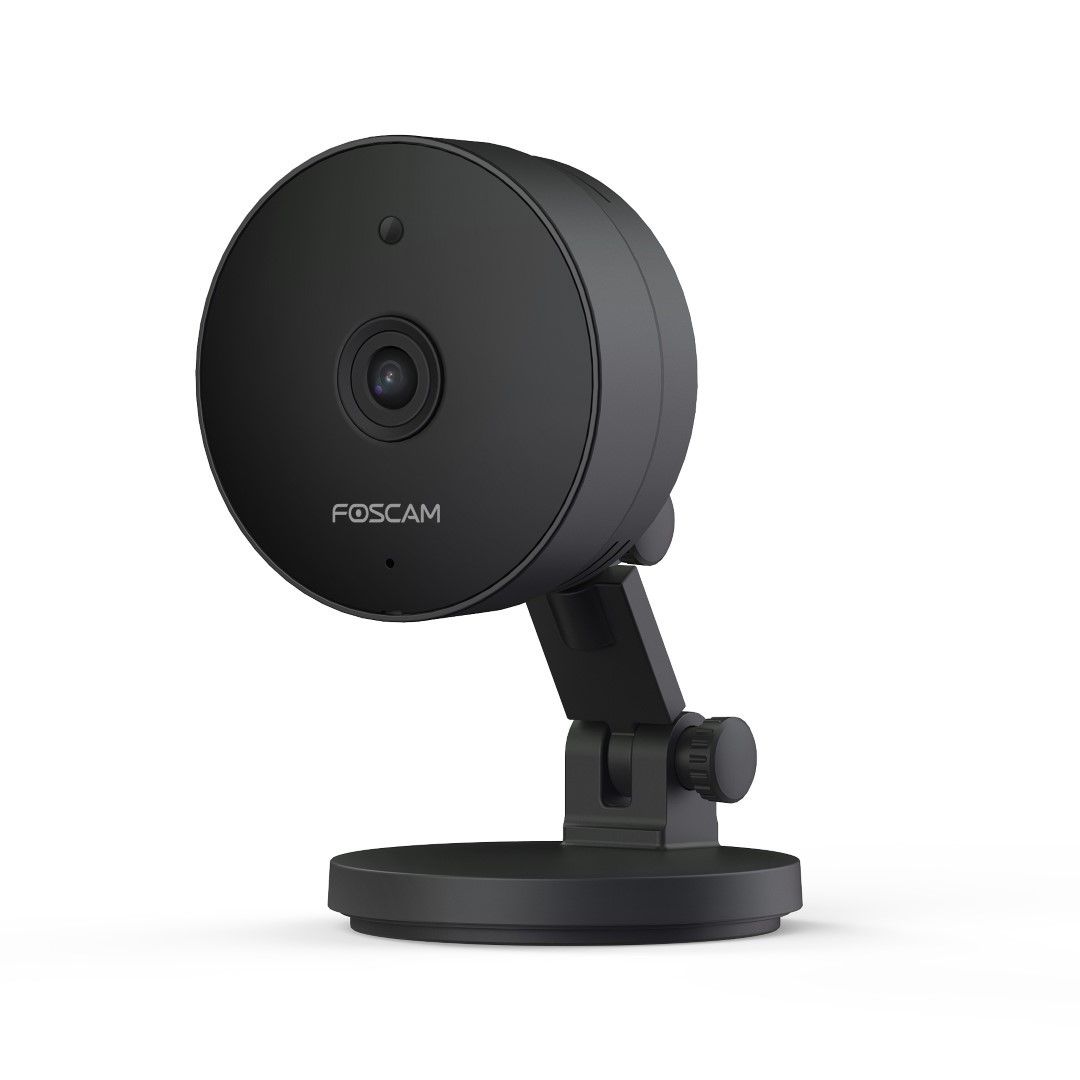 Zwarte Foscam C5M 5MP WiFi binnencamera met verstelbare voet en compact rond design.