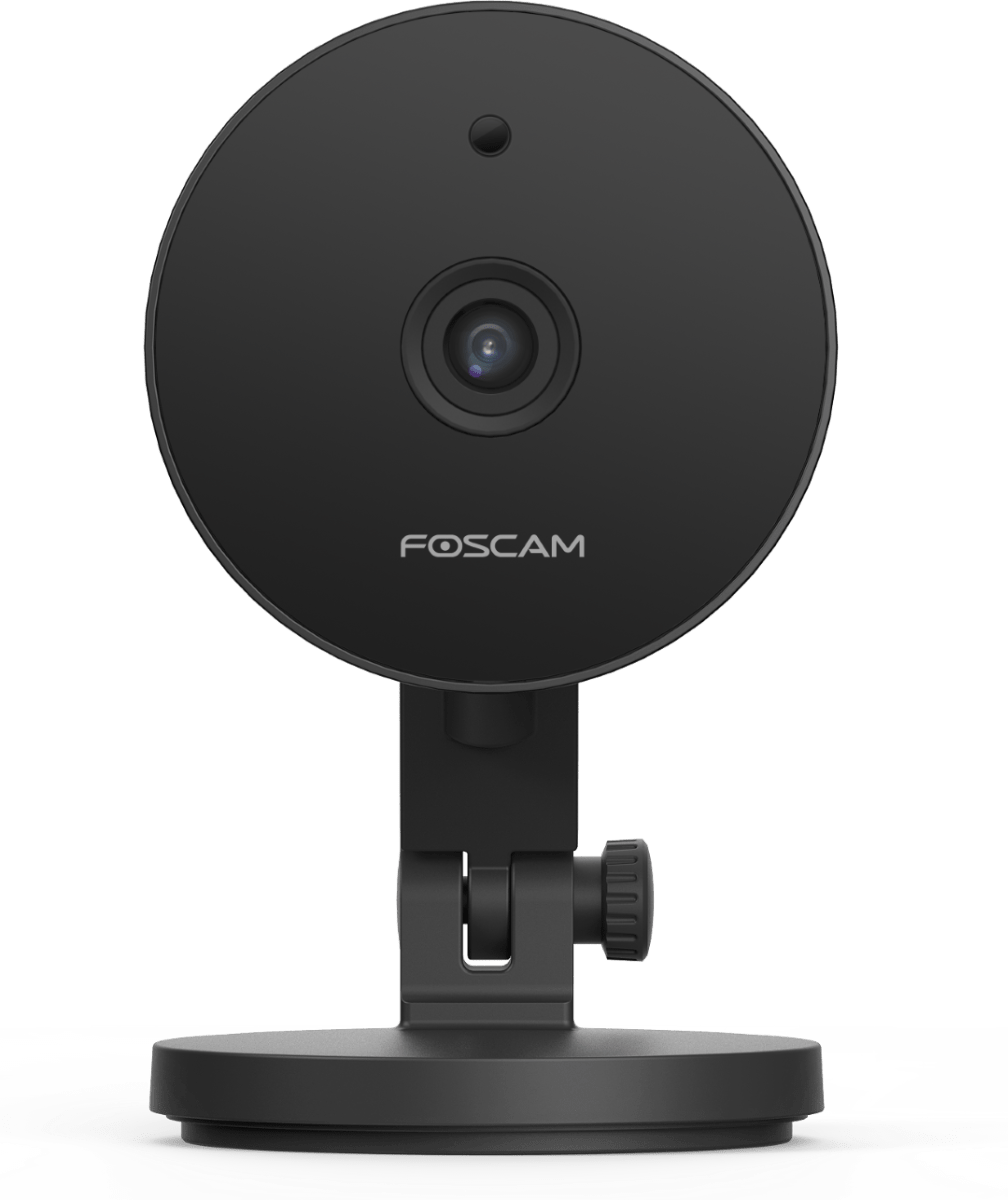 Zwarte Foscam C5M 5MP WiFi binnencamera met ronde lens en verstelbare voet voor slimme huisbeveiliging.