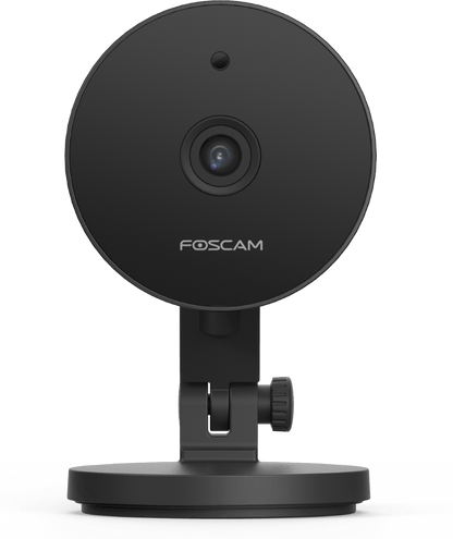 Zwarte Foscam C5M 5MP WiFi binnencamera met ronde lens en verstelbare voet voor slimme huisbeveiliging.