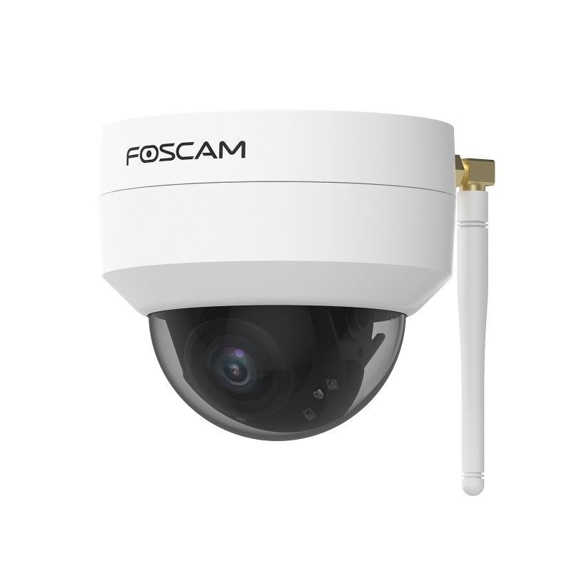 Witte Foscam D4Z PTZ dome beveiligingscamera met zwarte lensbol en externe WiFi-antenne voor buiten.