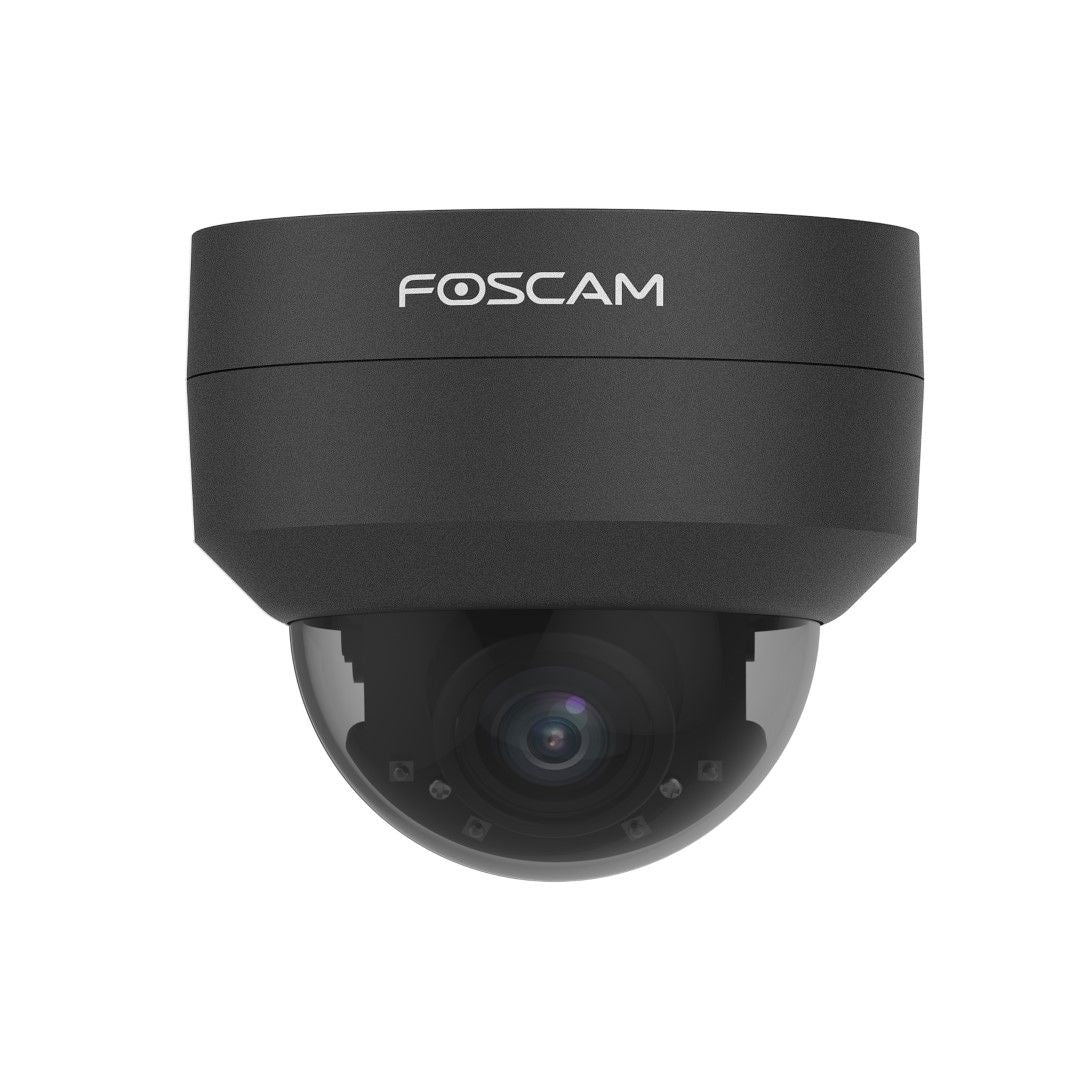 Zwarte Foscam D4Z outdoor PTZ dome beveiligingscamera met 4MP lens en weerbestendige behuizing.