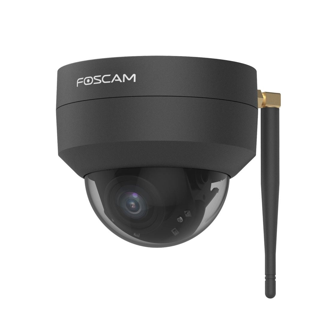 Zwarte Foscam D4Z WiFi PTZ dome beveiligingscamera met 4MP lens en externe antenne voor buiten.