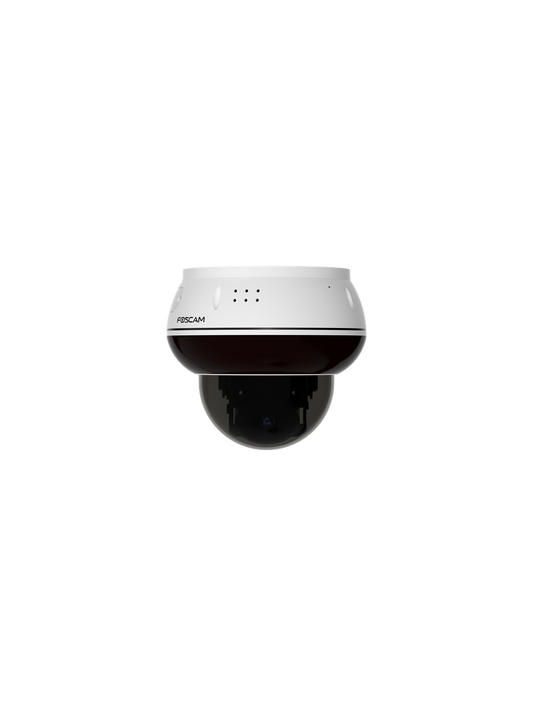 Witte Foscam D8ET 8MP 4K PoE PTZ-beveiligingscamera met vandaalbestendige koepel en strak design voor buiten.