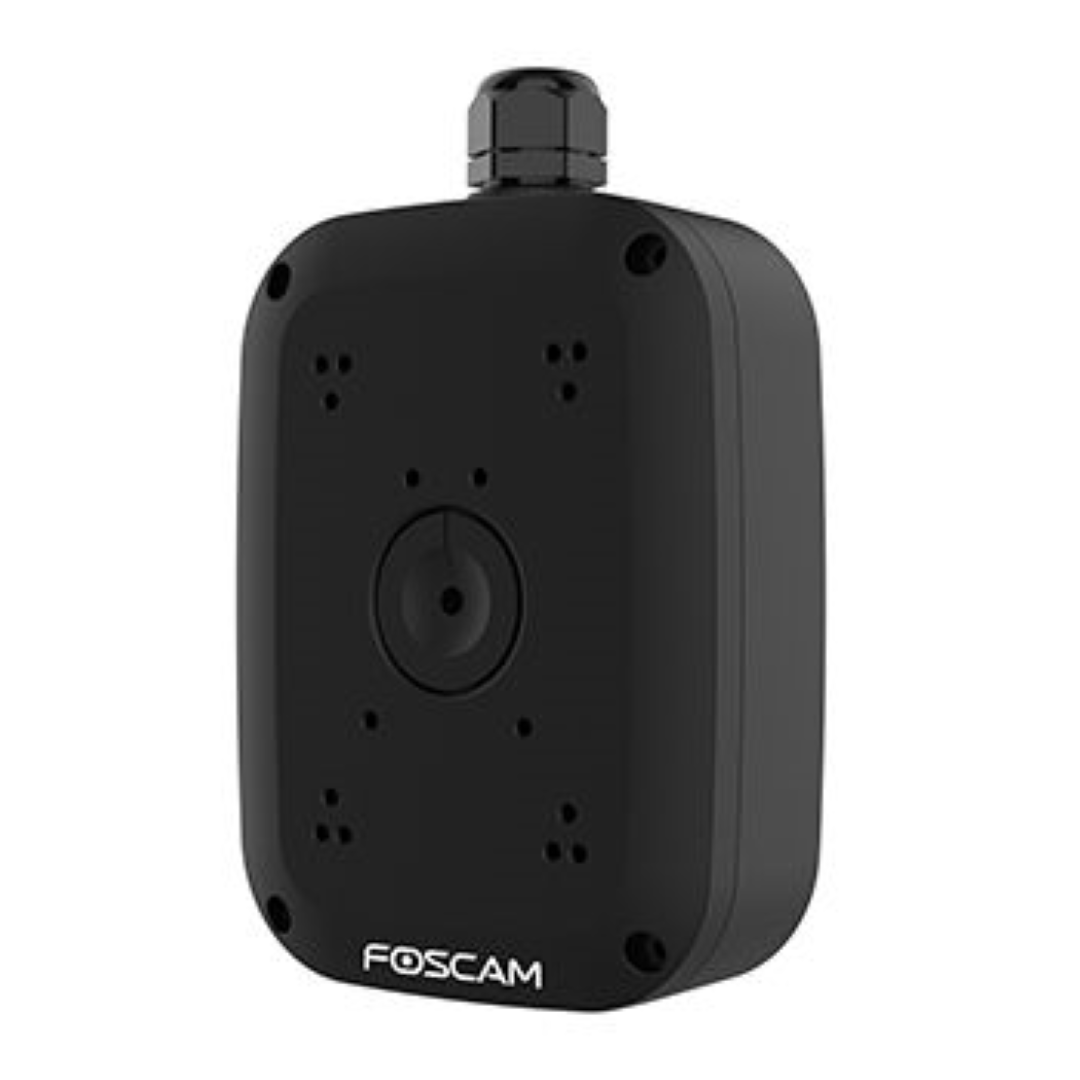 Zwarte Foscam FAB28H waterdichte lasdoos voor dome camera's met kabelwartel en montagegaten.