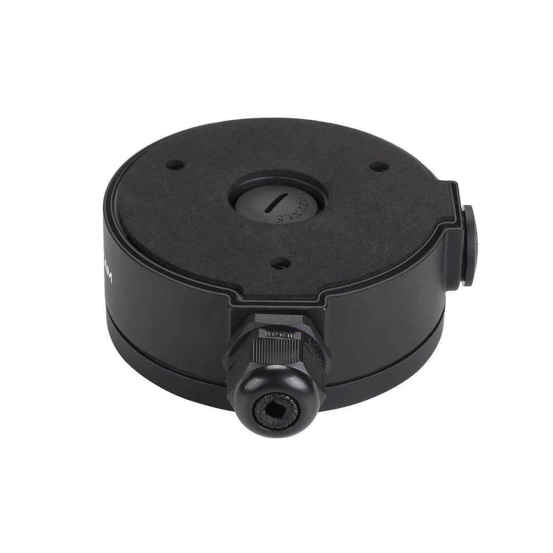 Zwarte Foscam FAB61 waterdichte aansluitunit voor D2EP dome camera's met kabelwartel en 110mm diameter.