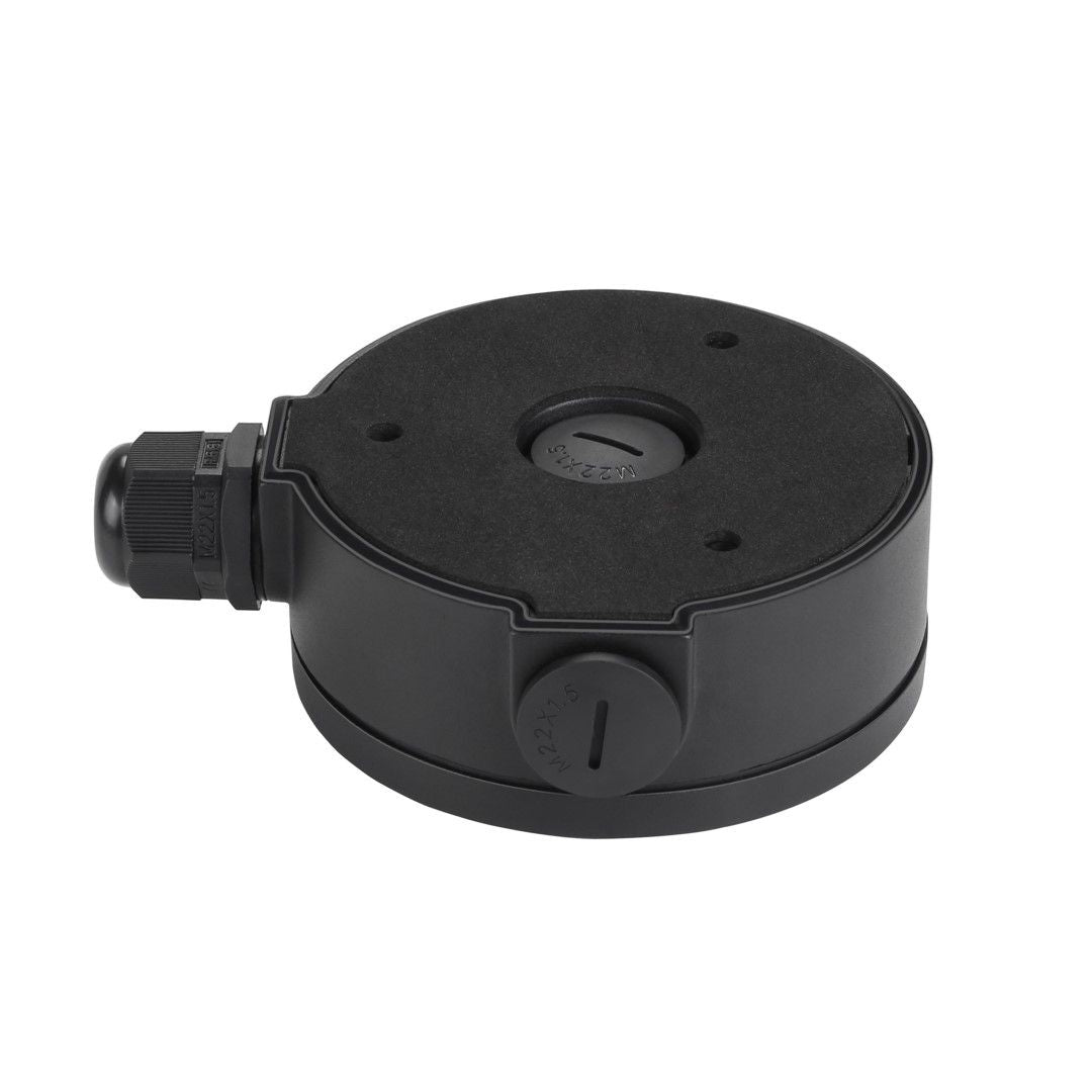 Zwarte Foscam FAB61 waterdichte aansluitunit voor D2EP dome camera's met kabeldoorvoer en 110mm diameter.