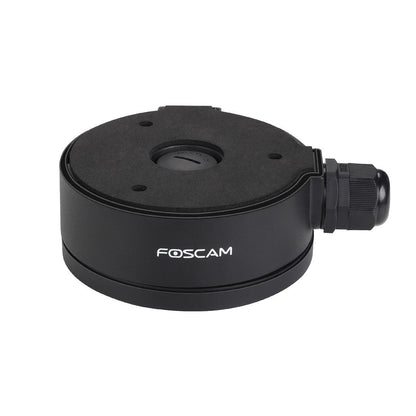 Zwarte Foscam FAB61 waterdichte aansluitunit voor D2EP dome camera's met kabelwartel en 110mm diameter.