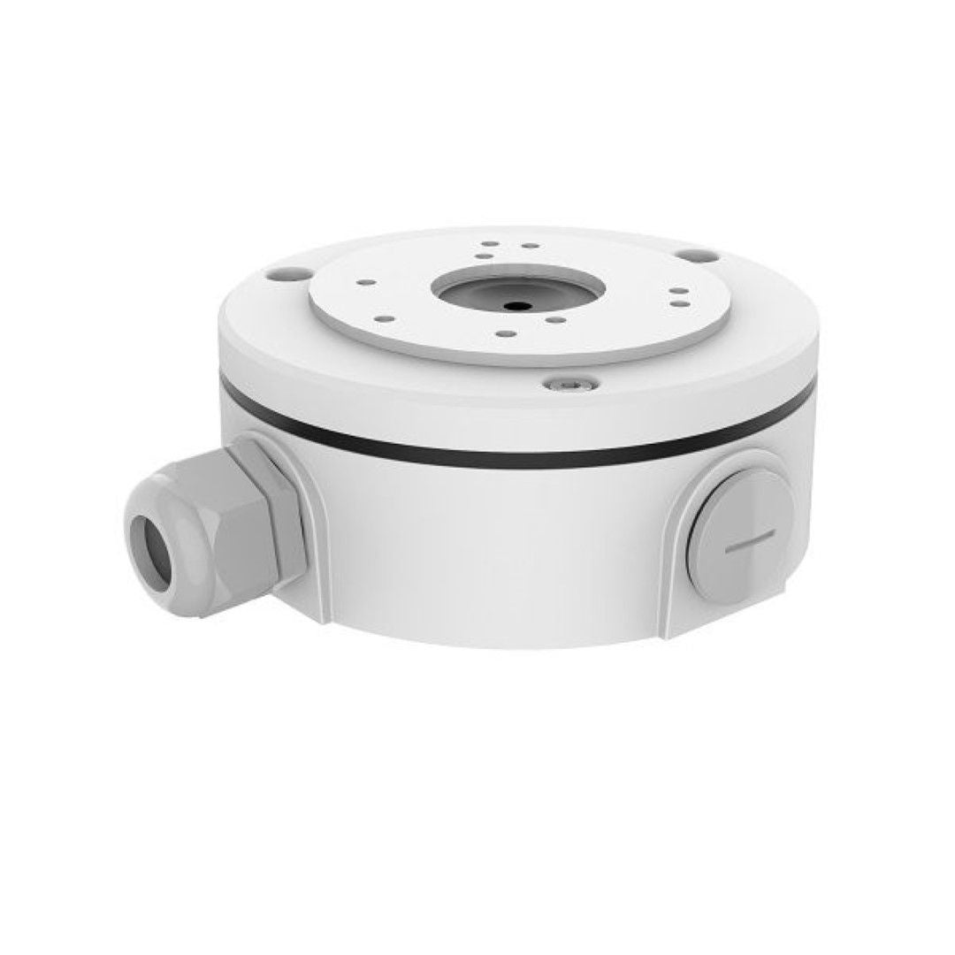 Witte, ronde Foscam FABV5S2 waterdichte lasdoos voor V5EP en V8EP beveiligingscamera's met kabelwartel.