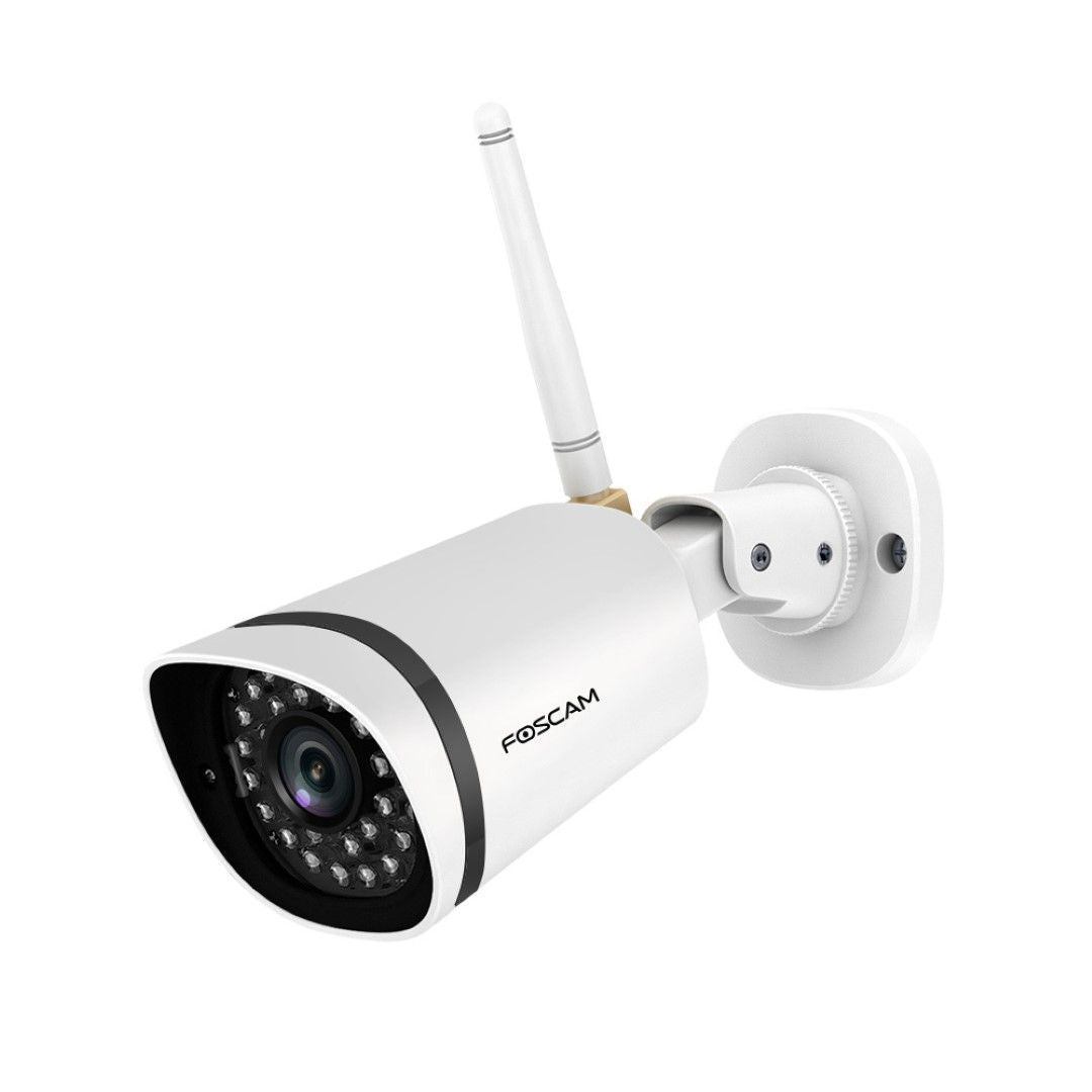 Witte Foscam FI9911W bullet-beveiligingscamera met wifi-antenne en muurbeugel voor buiten.
