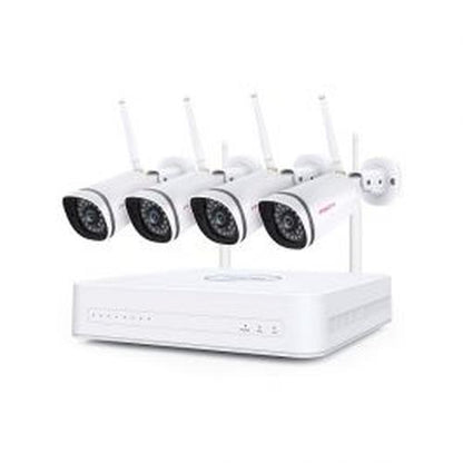Foscam WiFi mesh NVR set met vier witte bullet camera's en 1TB opslag.