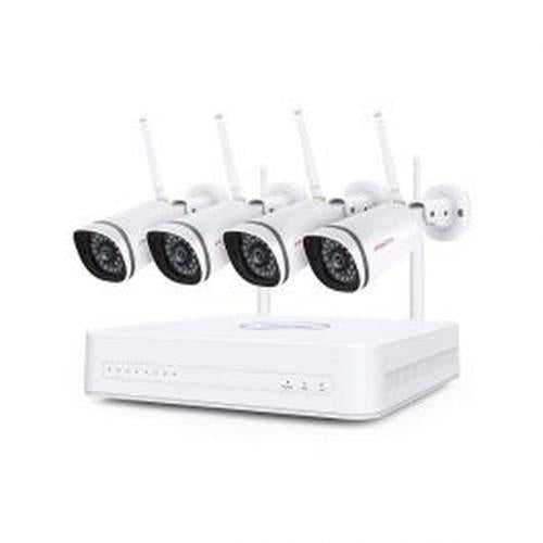 Foscam WiFi mesh NVR set met vier witte bullet camera's en 1TB opslag.