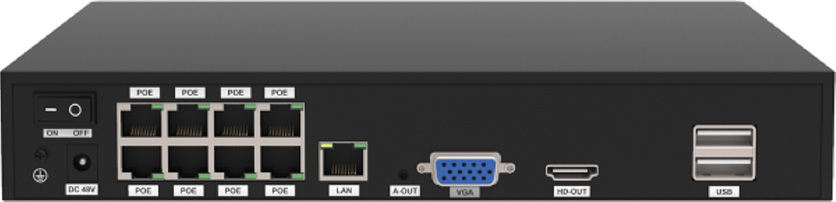 Zwarte Foscam PoE NVR achterkant met acht PoE-poorten, LAN, VGA, HDMI en USB-aansluitingen voor camerabeveiliging.