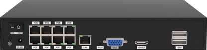 Zwarte Foscam PoE NVR achterkant met acht PoE-poorten, LAN, VGA, HDMI en USB-aansluitingen voor camerabeveiliging.