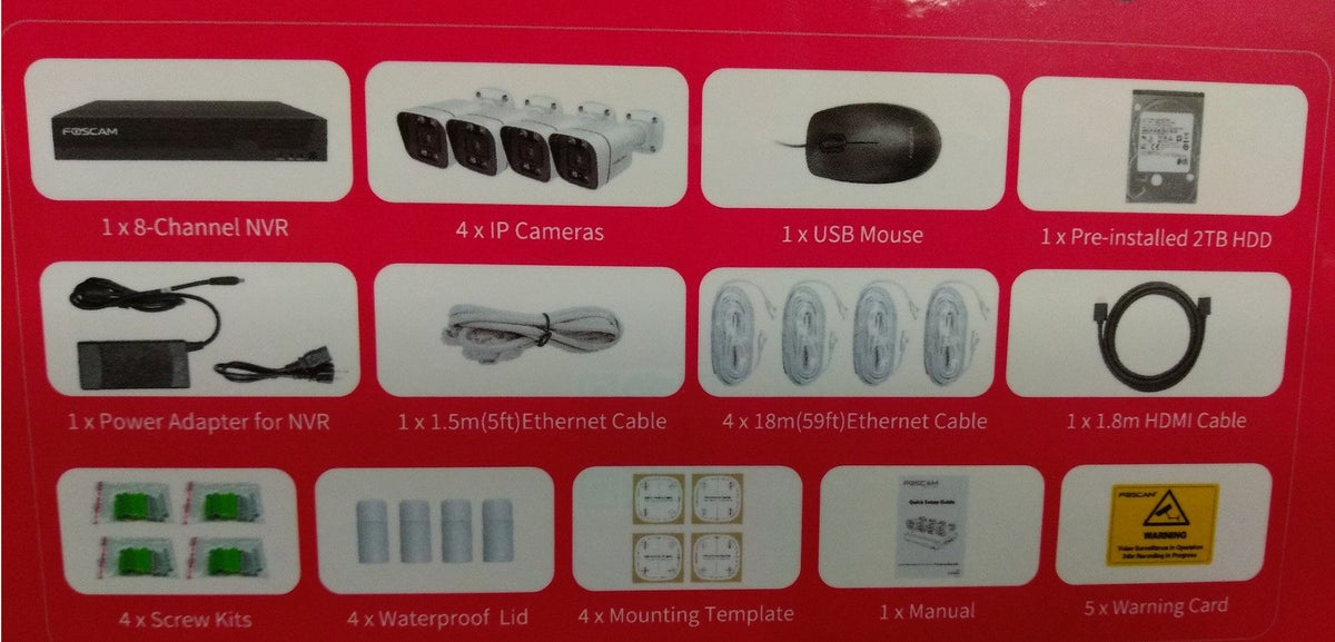 Inhoud van Foscam 5MP PoE bewakingsset met NVR, vier bullet camera's, 2TB harde schijf, kabels en installatieaccessoires.