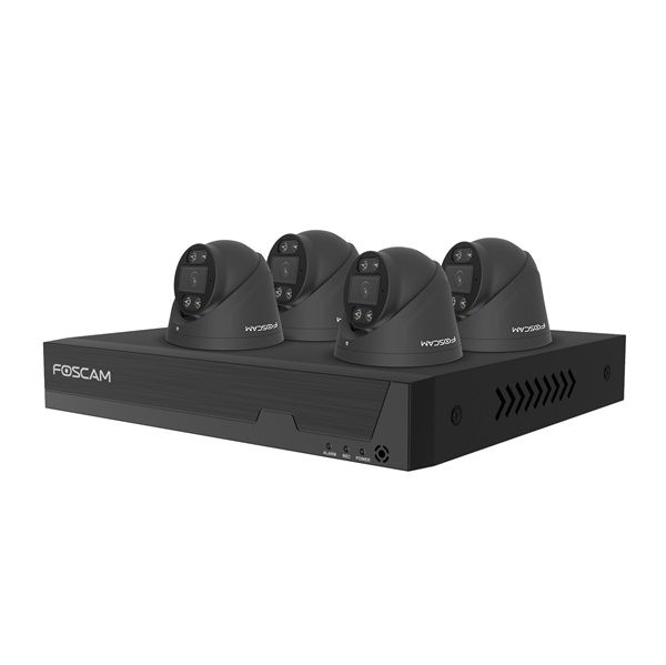 Zwarte Foscam 5MP PoE NVR-set met vier compacte turret-beveiligingscamera's en 2TB harde schijf.