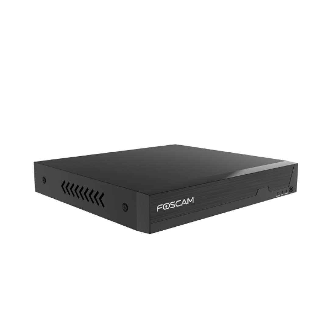 Zwarte Foscam PoE NVR recorder met strak design en ventilatieopeningen aan de zijkant.