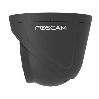Zwarte Foscam 5MP PoE turret beveiligingscamera met compact en modern design.