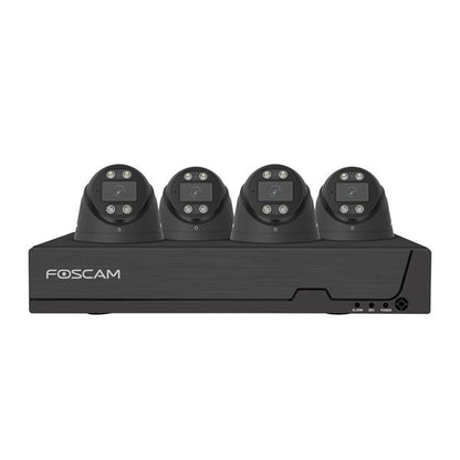 Zwarte Foscam 5MP PoE NVR-set met vier compacte turret-beveiligingscamera's en 2TB opslag.