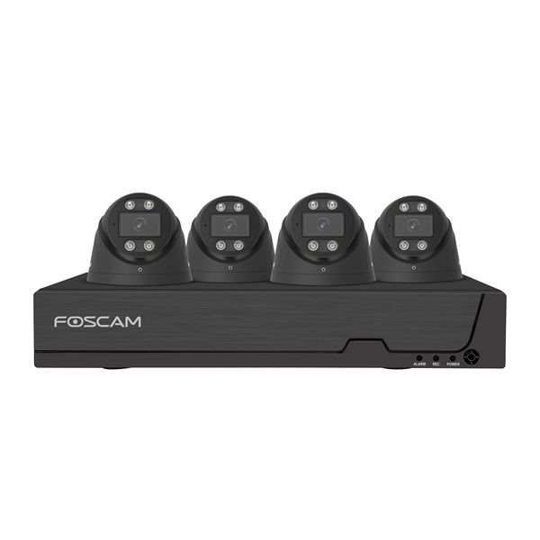 Zwarte Foscam 4K PoE NVR-set met vier compacte turret-beveiligingscamera's en 2TB opslag.