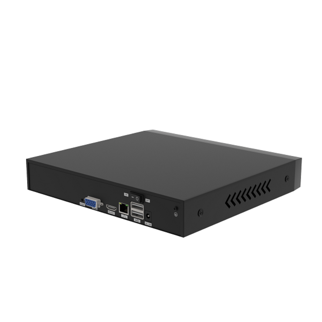 Zwarte Foscam FNA108H 8-kanaals 4K NVR recorder met HDMI, VGA en USB-poorten aan de achterzijde.