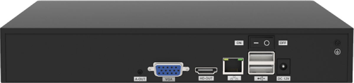 Zwarte Foscam FNA108H 8-kanaals NVR achterkant met VGA, HDMI, USB, Ethernet en aan-uit schakelaar.
