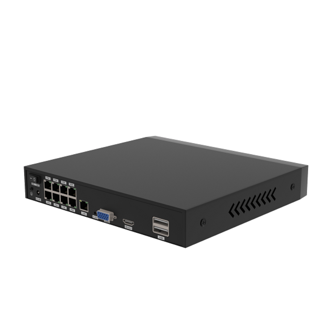 Zwarte Foscam FNA108HE 8-kanaals NVR recorder met acht PoE-poorten, HDMI- en USB-aansluitingen aan de achterzijde.