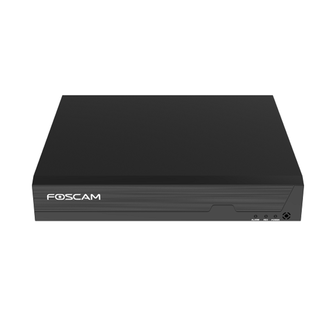 Zwarte Foscam FNA108HE 8-kanaals 4K NVR recorder met strak design en statusindicatielampjes aan de voorzijde.