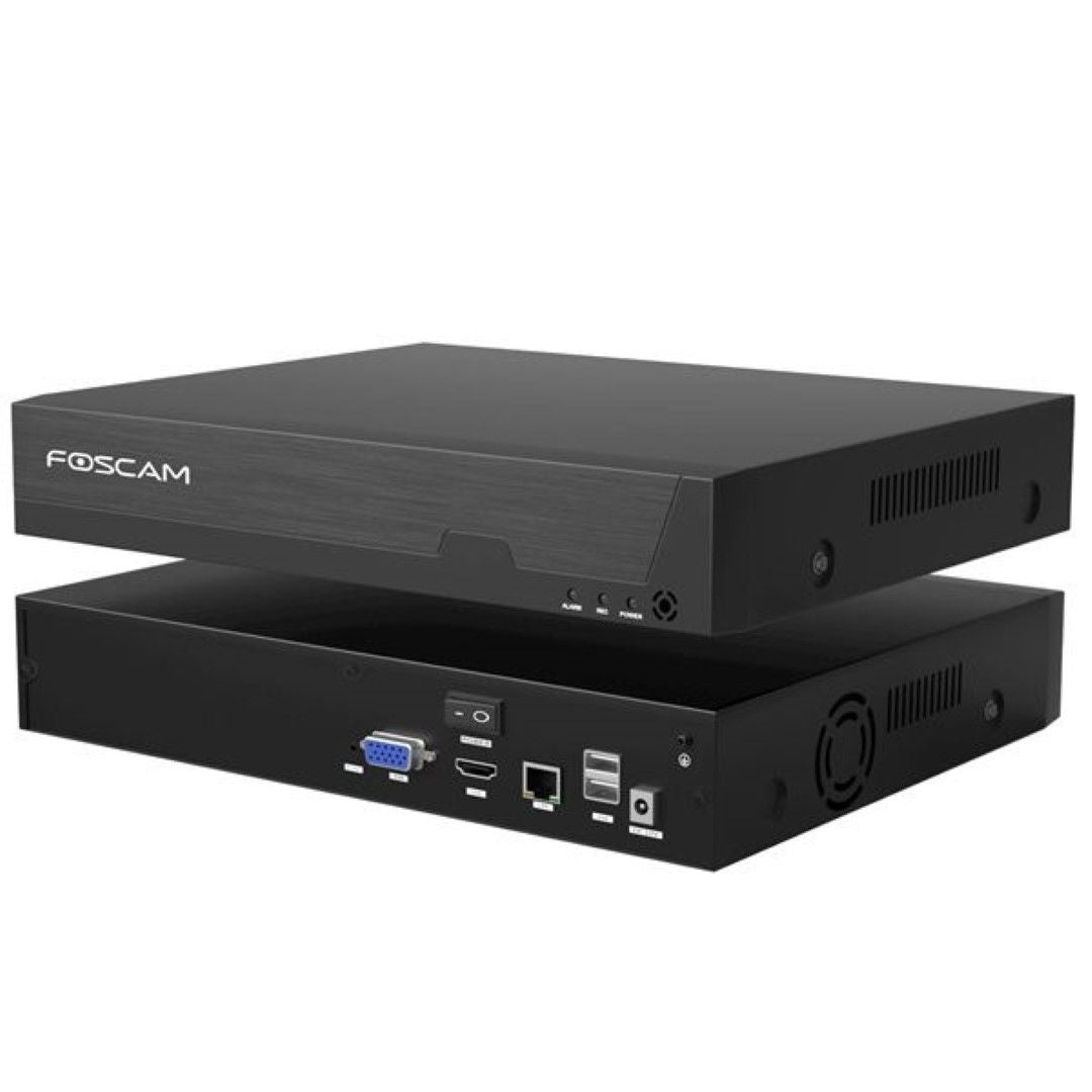 Zwarte Foscam FNA216H 16-kanaals 4K NVR recorder met voor- en achteraanzicht inclusief aansluitpoorten.