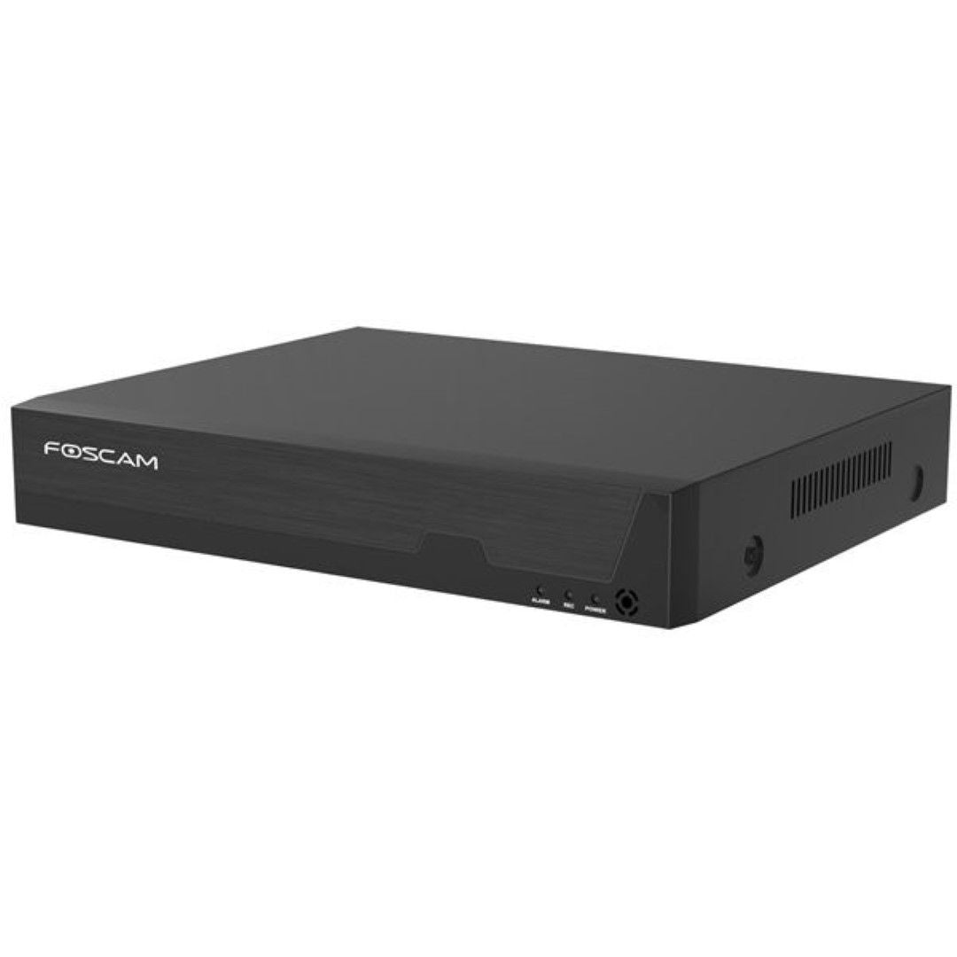 Zwarte Foscam FNA216H 16-kanaals 4K NVR-recorder met strak design en statusindicatielampjes op het voorpaneel.
