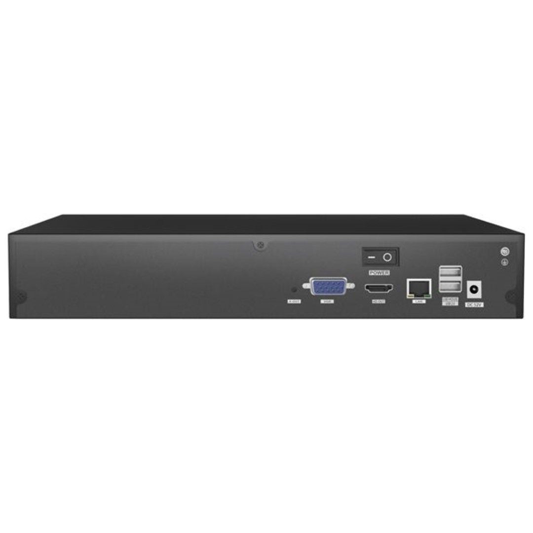 Zwarte Foscam FNA216H 16-kanaals NVR achterkant met HDMI, VGA, LAN, USB-poorten en aan-uit schakelaar.