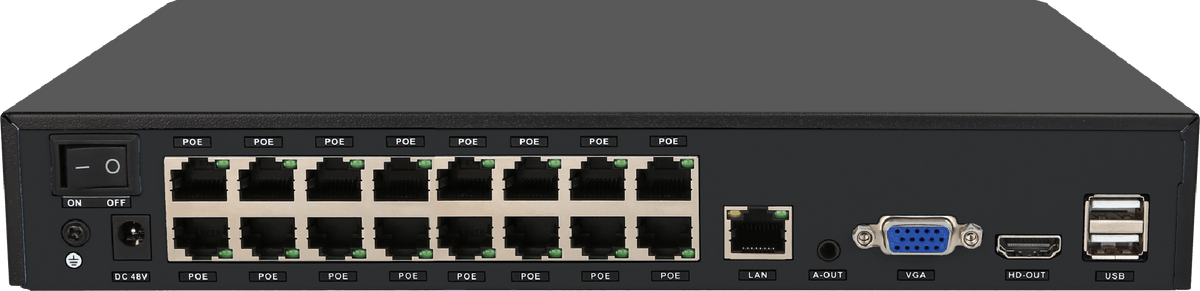 Zwarte Foscam FNA216HE 16-kanaals NVR met 16 PoE-poorten, VGA, HDMI en USB-aansluitingen aan de achterzijde.