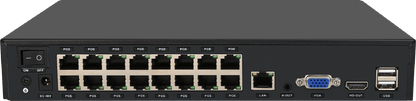 Zwarte Foscam FNA216HE 16-kanaals NVR met 16 PoE-poorten, VGA, HDMI en USB-aansluitingen aan de achterzijde.