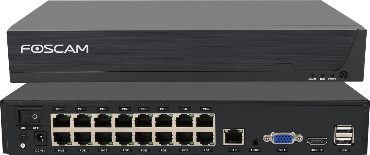 Zwarte Foscam 16-kanaals 4K NVR met 16 PoE-poorten, HDMI, VGA en USB-aansluitingen op de achterzijde.