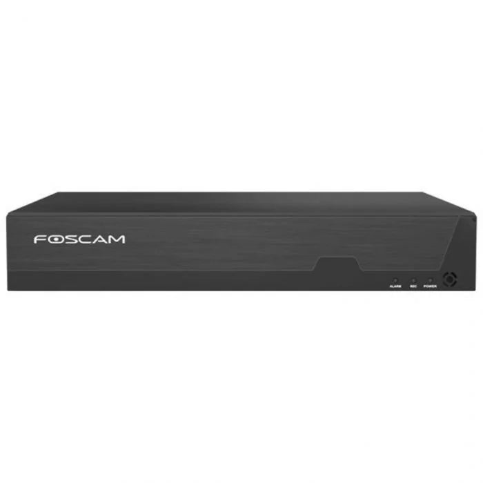 Zwarte Foscam FNA216HE 16-kanaals 4K NVR recorder met strak design en statusindicatielampjes aan de voorzijde.