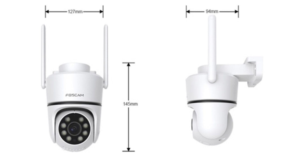Witte Foscam PD5 5MP PTZ-beveiligingscamera met dubbele antennes en afmetingen voor wandmontage.