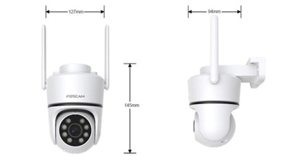 Witte Foscam PD5 5MP PTZ-beveiligingscamera met dubbele antennes en afmetingen voor wandmontage.