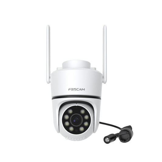 Witte Foscam PD5 5MP 3K PTZ beveiligingscamera met twee antennes en infrarood nachtzicht voor binnen en buiten.