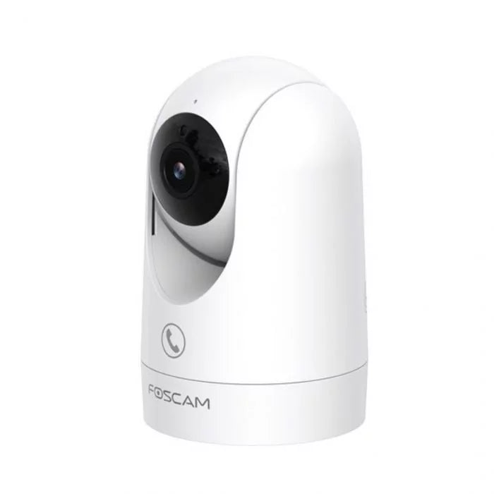 Witte Foscam R8M 4K indoor PTZ-beveiligingscamera met zwarte lens en strak, modern design.