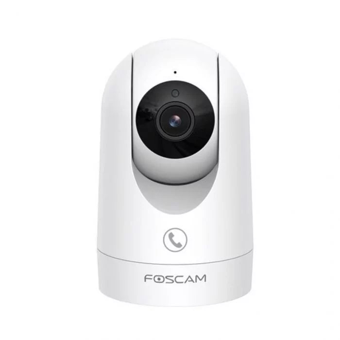 Witte Foscam R8M 4K PTZ beveiligingscamera met zwarte lens en tweeweg audio knop voor indoor gebruik.