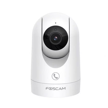 Witte Foscam R8M 4K PTZ beveiligingscamera met zwarte lens en tweeweg audio knop voor indoor gebruik.