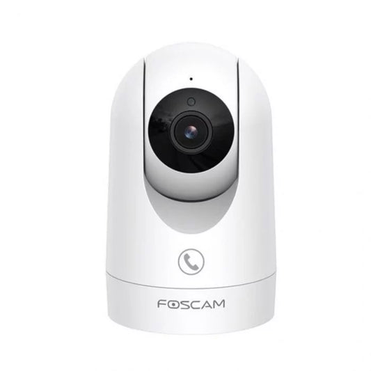 Witte Foscam R8M 4K PTZ beveiligingscamera met zwarte lens en tweeweg audio knop voor indoor gebruik.