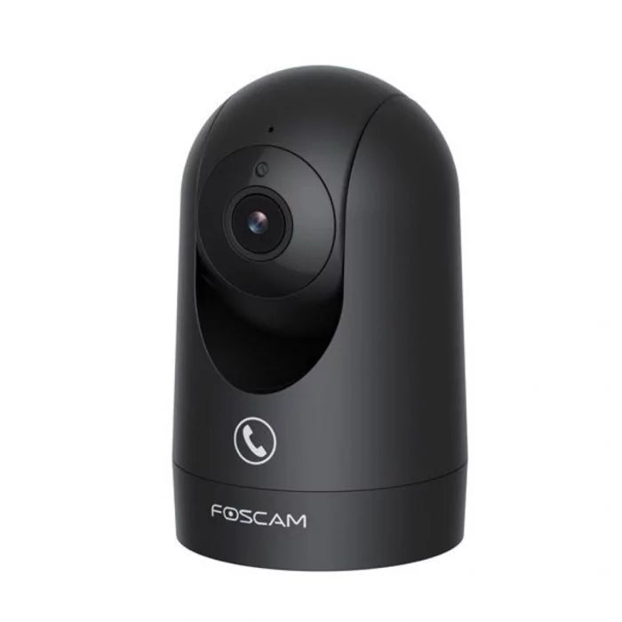 Zwarte Foscam R8M 4K indoor PTZ-beveiligingscamera met draaibare lens en tweeweg audiofunctie.