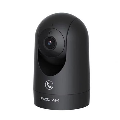 Zwarte Foscam R8M 4K indoor PTZ-beveiligingscamera met draaibare lens en tweeweg audiofunctie.