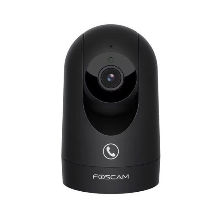 Zwarte Foscam R8M 4K PTZ beveiligingscamera met draaibare lens en belfunctie voor indoor gebruik.